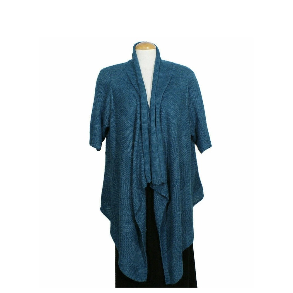 Eileen Fisher 75%Alpaca Silk Cardigan Sweater Women XL Blue Waterfall Knit Open